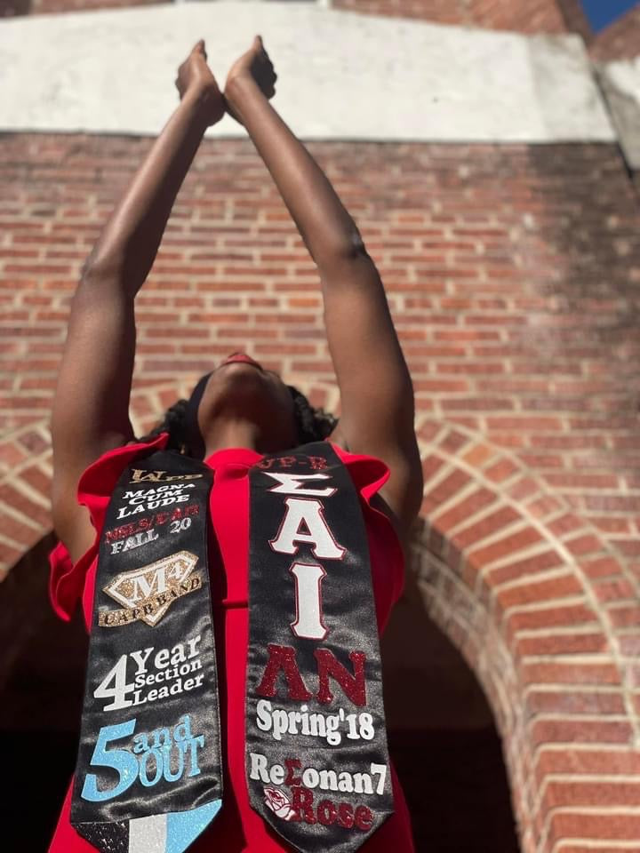 College graduation picture, with fully customized, handmade statin graduation sash with glitter.