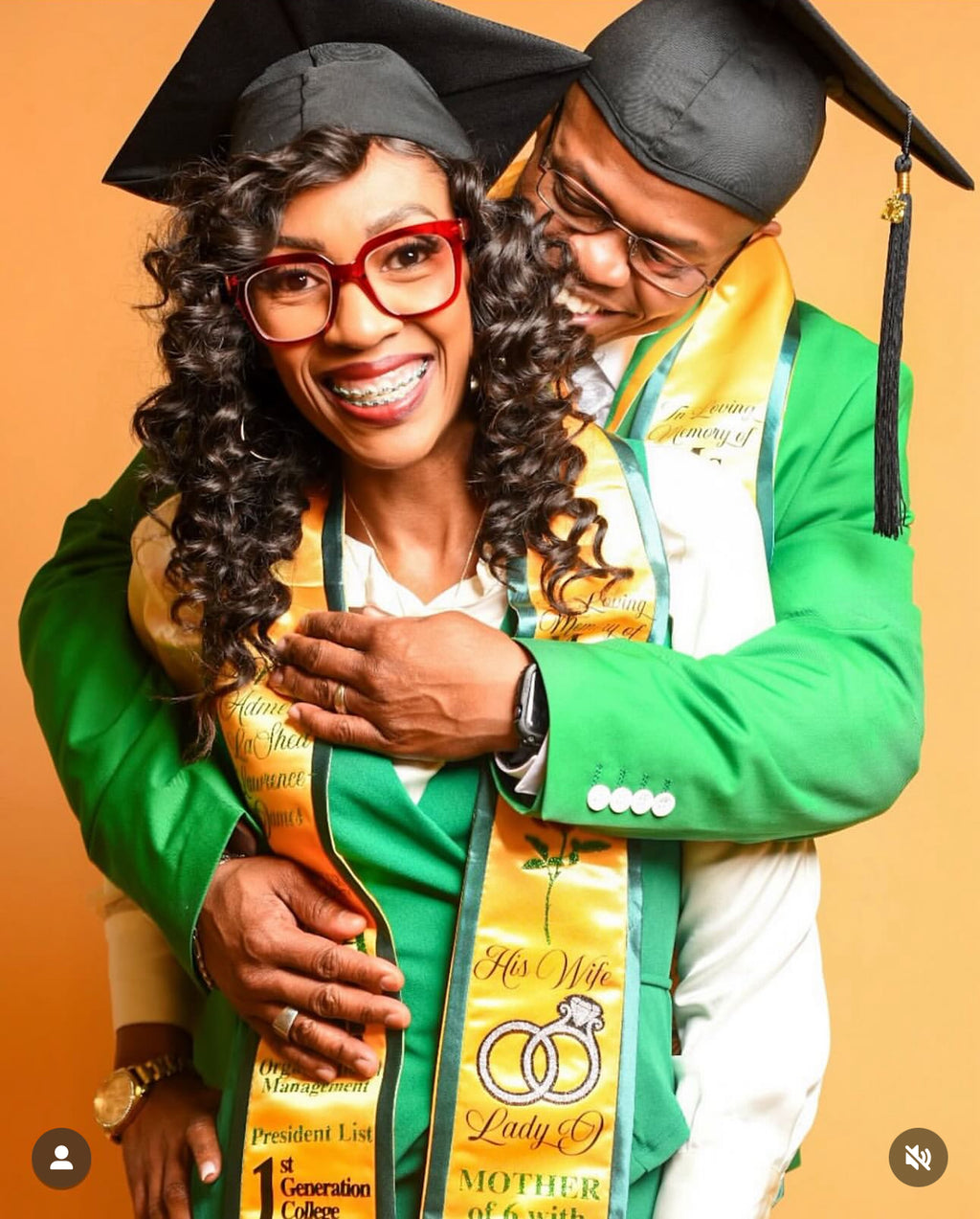 Graduating couple wearing yellow and green handmade storytelling graduation stoles 