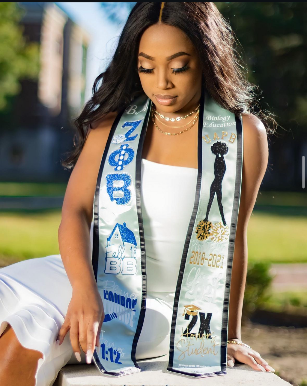 Zeta Phi Beta satin handmade custom graduation stole with heat pressed glitter greek letters, and black trim