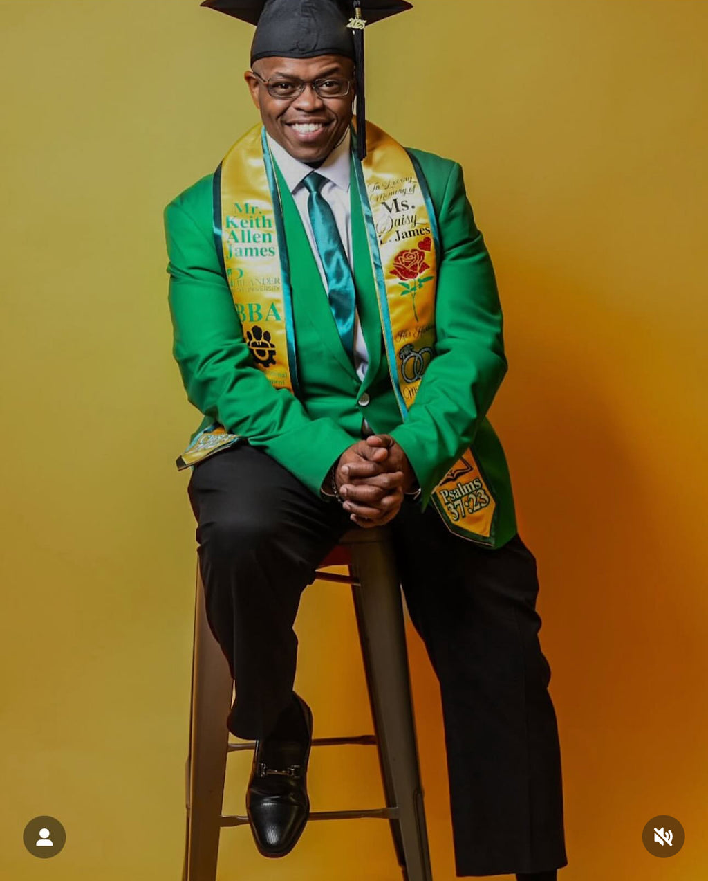 Graduation picture with handmade, custom storytelling heat press designed graduation sash