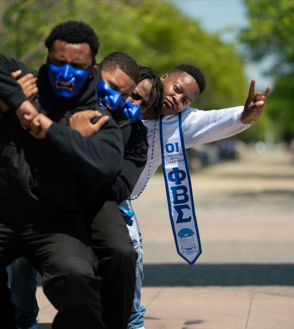 White satin Phi Beta Sigma Custom Graduation Stole with blue trim and Greek Letters. 